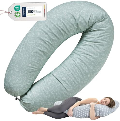 sei Design Stillkissen Mikroperlen XXL Lagerungskissen Schwangerschaftskissen Seitenschläferkissen 190x30 cm groß (Bezug Panda Pünktchen Grün, Füllung EPS Mikroperlen)