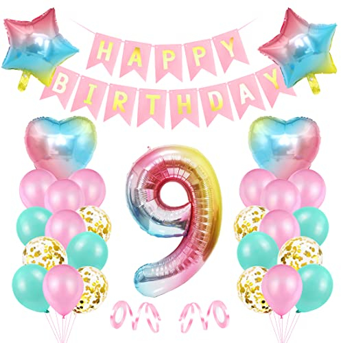 Luftballon 9 Geburtstag Rosa, Geburtstagsdeko 9 Jahr Mädchen, Riesen Folienballon 9 Rosa, Deko 9 Geburtstag Mädchen, Ballon 9 Deko zum Geburtstag, Bunt Folienzahlen Ballons 9, Banner
