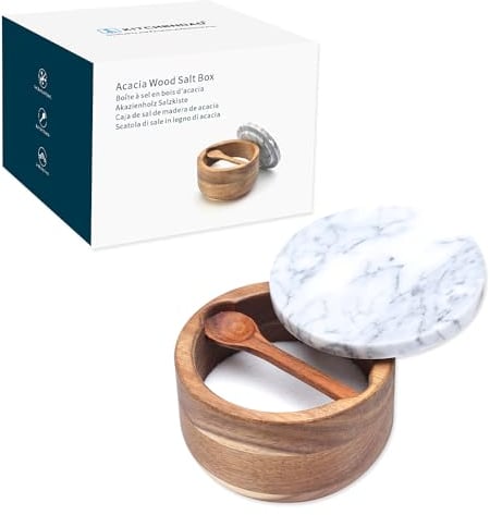 KITCHENDAO Cuenco grande de acacia con cuchara integrada y tapa de mármol, recipiente de sal marina de baño de madera de acacia natural maciza, tapa de mármol gris, cuenco sellador de pimienta,