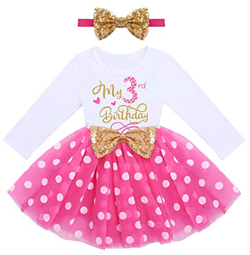Kleinkinder Mädchen Mein 3. Geburtstag Kleid Baumwolle Langarm Gepunktet Tutu Tüllkleid A-Linie Prinzessin Partykleid mit Pailletten Schleife Stirnband 2tlg Set Fotoshooting Outfit Rose 3 Jahre