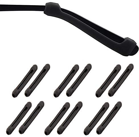 PIPJOY Premium Ultra Soft Anti Slip Silicone Eyeglass Temple Tips - 6 Pair Ear Grips Sleeve Retainer, Black, Large