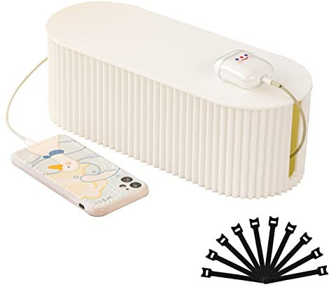FABROK Cable Management Box with 10 Cable Ties, Cable Organizer Box for Power Strips, Surge Protectors, Chargers, Adapters, TV Computer Wires Cable Hider Organizer Box for Home/Office (Small/White)