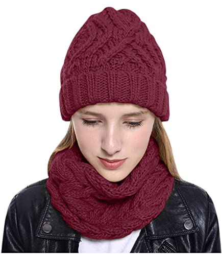 Set aus Mütze und Schal aus Wolle für Damen, Schal aus reiner Wolle, Schal und Wintermütze, 2-teilig, Schal aus Wolle, handgefertigt und Mütze aus Basisfaden, Schal, schlicht, unifarben, rot, One size