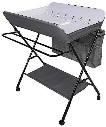 XUANYU Wickeltisch, klappbar, Wickeltisch für Babys, tragbar, Wickelunterlage mit 4 Rollen, Beige-Schwarz, 55 × 80 × (93-99) cm