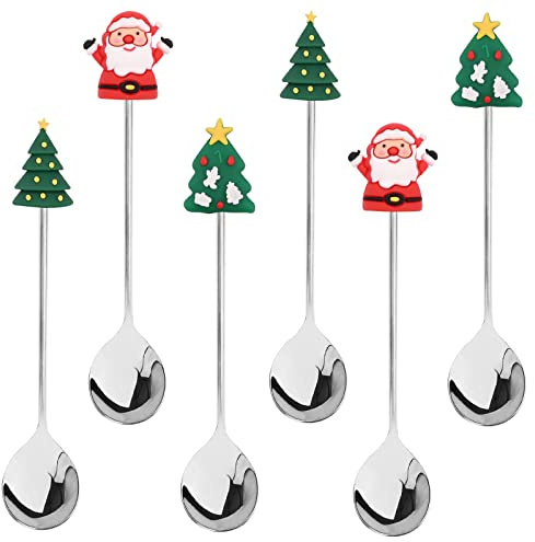 6 Pcs Cuillères à Café de Noël, Cuillères de Noël Cuillères à thé à Dessert cuillère de noël en acier inoxydable ensemble de cuillères de noël, Emballage de Boîte-Cadeau