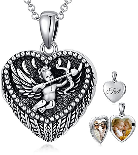 SOULMEET Sterling Silber Personalisierte Foto Medaillon Halskette, die 2 Bilder hält Herz Engel Amor Halskette,Gravurfähig