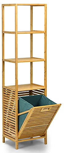 GOPLUS Meuble Colonne de Salle de Bain en Bamboo avec 3 Étagères et Panier à Linge Basculant, Meuble de Rangement pour Salle de Bain, 40 x 33 x 160 cm, Naturel