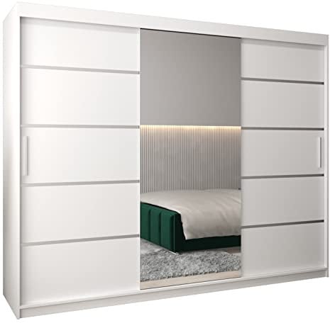 ABIKSMEBLE Verona 2 250 Armadio con Tre Ante Scorrevoli per Camera da Letto - Armadio Moderno con Specchio, Appendiabiti e Ripiani - 250x200x62 cm - Bianco Opaco