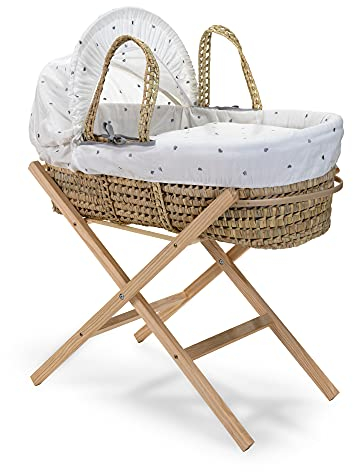 Clair de Lune Lullaby Hearts Palm Moses Basket with Natural Folding Stand 75 x 28 cm