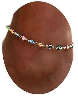 Clataly Colorful Evil Eye Anklets Gold/Silver Bead Ankle Bracelets Summer Beach Foot Chain Adjustable Jewelry for Women and Girls (Gold)