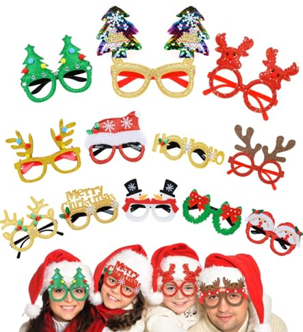 Octonyluck 12 Stück Weihnachtsbrille, Weihnachten Glitter Party Brille, Weihnachtsbrillen für Kinder Erwachsene, Weihnachtsgläser mit Verschiedenen Weihnachtsmotiven