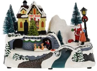 Rebecca Mobili Weihnachtsszene mit Licht und Bewegung, Animiertes Weihnachtsdorf, Kunststoff, Weihnachtsdekoration, Geschenkideen - Abmessungen HxBxT: 16 x 24 x 15 cm - Art. RE7004