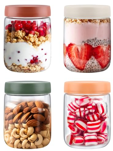 ANNTIM 4PCS 16 OZ Overnight Oats Jar, Overnight Oats Container with Screw Lid Airtight, Glass Jars with Lids for Overnight Oats Salad Yoghurt Pudding Chutney Jam Reusable Mason Jars, 500ml