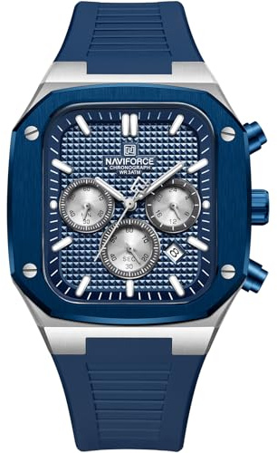 NAVIFORCE Montre carrée pour homme, chronographe analogique, calendrier, montre à quartz étanche pour homme, bracelet en silicone, Bleu argenté, Moderne