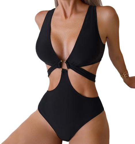 Favnac Women's Deep V Neck One Piece Swimsuit Sexy Cut Out Bathing Suit O-Ring Swimwear Black Medium