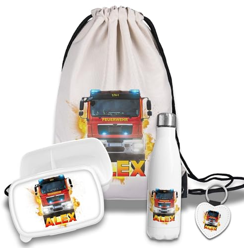 timalo Kinder Schulset Brotdose, Trinkflasche, Turnbeutel personalisiert mit Namen | Set Wasserflasche Edelstahl | Lunchbox mit Trennwand | Geschenk zur Einschulung & Kindergarten | 1 - Feuerwehr