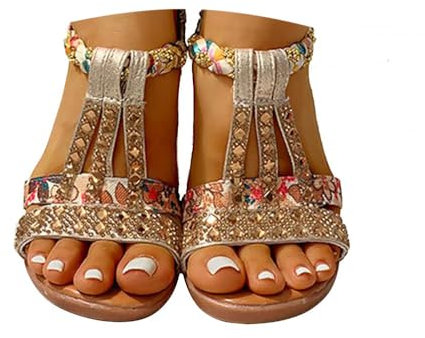 Onsoyours Frauen Sandalen Sommer Boho Offene Schuhe Rom Damen Freizeit Elastischen Knöchelriemchen Keilabsatz Sandals Party Sommerschuhe Strandsandalen mit Strass 01 Gold 43 EU