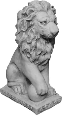 gartendekoparadies.de Statuen Löwen mit Kugel, Steinfigur, H. 47 cm, 21 kg, Grau, frostsicher aus Steinguss für Außenbereich (Rechts)