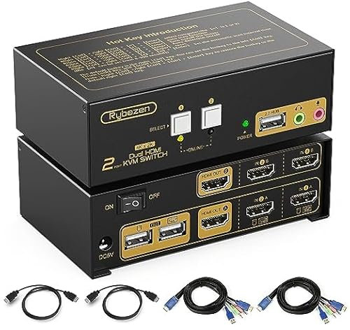 KVM Switch 2 PC 2 Monitor, Commutateurs KVM HDMI et USB, Partageant 4K@30Hz Moniteur et 3 USB Device, 4 Câbles HDMI et Adaptateur Inclus, avec prise audio et microphone