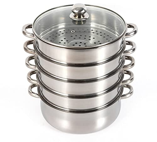 Cuiseur vapeur en acier inoxydable avec 5 niveaux (26 cm) d'une poêle et 4 vapeurs - Avec couvercle en verre