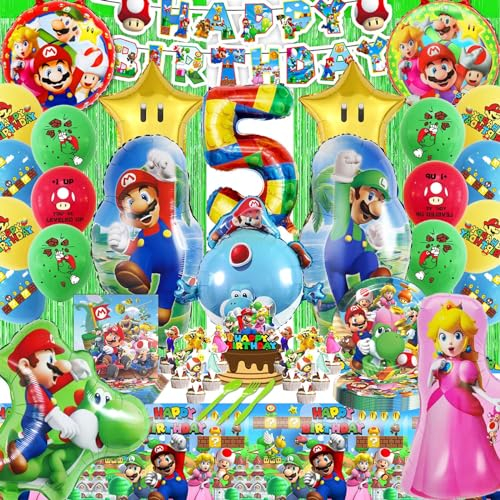 DLLFFB Super Mrio Geburtstag Deko 5 Jahre, Verschiedene Stile Super Mrio Luftballon 5 Jahre, Mrio Kindergeburtstag Party Deko Set, Hübsch Tischdeko Geburtstag Mrio Szenen (Super Mrio Ballon 5 Jahre)