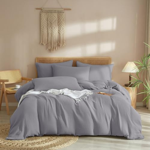 Luofanfei Graue Muslin Bettwäsche 155x220 Baumwolle Renforce Grau Einfarbig Sommer Kühlende Boho Bettwäsche Set Knitterlook Weiche Bettbezug Bügelfrei mit Reißverschluss und Kissenbezüge 80x80cm