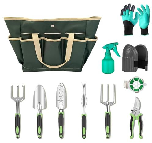 YIN AISIKE Garden Tools Set, 11 Pcs Gardening Hand Tool Gift Kit, Heavy Duty Tool Bag for Easy Storage, Gardening Gifts for Outdoor Women & Men