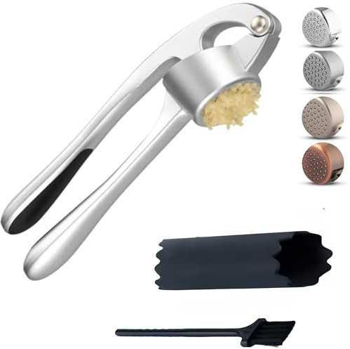 Spremiaglio di alta qualità, facile da spremere e pulire, antiruggine e lavabile in lavastoviglie, spremiaglio in acciaio inossidabile, schiaccia-aglio, pela aglio e spazzola in silicone, colore