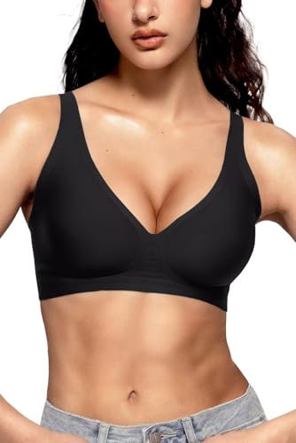 Vertvie Bras for Women Non Wired Deep V Seamless Wireless Push Up Bra Comfort Plunge T Shirt Soft Support Full Coverage Everyday Bralettes(Black,X-Large)