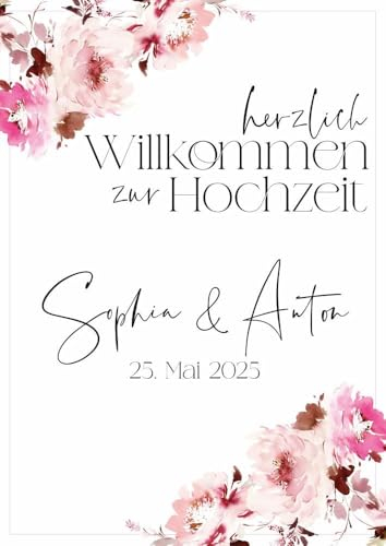 Miss Lovely Willkommens-Schild Hochzeit personalisiert mit Namen des Brautpaares & Hochzeits-Datum - personalisierte Hochzeits-Deko für den Empfang A2 42,0cm x 59,4cm - Flowers Blumen rosa Hochformat