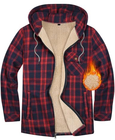 Xnova Camicia Flanella Uomo Manica Lunga a Quadri Casual Zip Felpa Giacca con Cappuccio Fodera in Pile Caldo Cappotto Camicia Imbottita Hoodies Sweatshirt con Tasche Invernale Autunno (Rosso, M)
