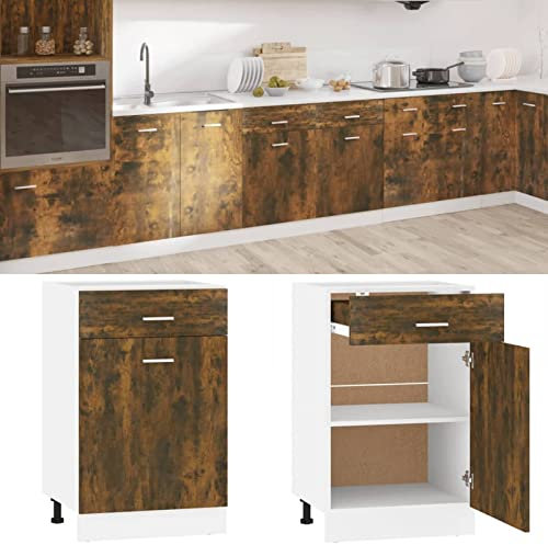 Homgoday Armario Bajo de Cocina de Madera Ingeniería Roble Ahumado Con Cajones, Sin Encimera