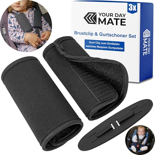 Burstclip mit Gurtschoner Set, 3 Pack, in Schwarz, für Hochstuhl Gurtsysteme, Bezug aus weichem Neopren mit Klett, Gurt Abschnallschutz als extra Brustgurt, Gurtkissen Kindergurt, Sicherheitsclip