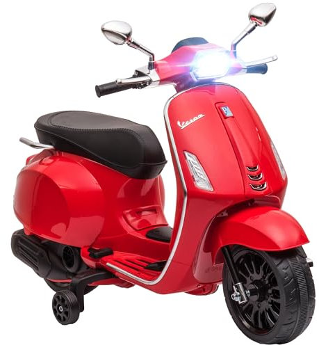 AIYAPLAY Elektro Kindermotorrad, Vespa 6V Elektromotorrad mit MP3, USB, FM-Radio, LED-Scheinwerfer, Kinderfahrzeug mit 2 Stützrädern, Elektro Motorrad für 3-6 Jahre Kinder, Rot