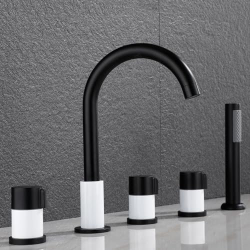 BiaoTeng Badewannenarmatur 5 Loch Wannenarmatur Wannenrand Warm und Kalt 360° Drehbar Messing mit Ausziehbarem Mischbatterie Badewanne mit Brause für Badewanne schwarz + weiß