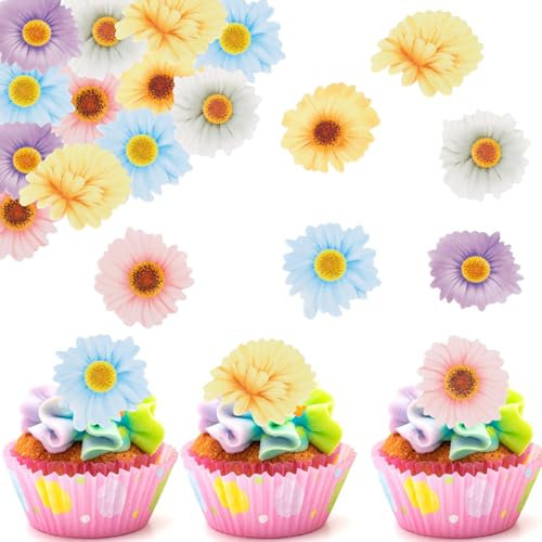 Catelves Gänseblümchen Tortendeko Essbar,48 Stück Essbare Blumen für Torte,Essbare Blüten Cupcake Topper Geburtstag,Blumen Deko Torte Essbar,Blumen Kuchen Deko Essbar Papierblumen für Hochzeit Taufe
