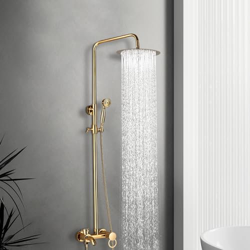 Ensemble de douche avec robinet, pommeau de douche doré, douche de pluie en laiton, double commande, système de douche, hauteur réglable de 80 à 120 cm, avec robinetterie