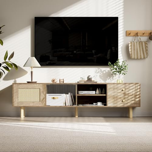 BTM Meuble TV en Rotin, Meuble Télé avec Porte en Verre, Meuble TV 170cm avec 2 Tiroir, Compartiment et Porte, Pieds en Bois Massif, Charge de 45kg, 172x35x48cm, Bois Naturel