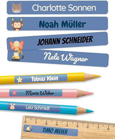 melu kids® Namensaufkleber Kinder für Schule & Kita (75 Stück) - Personalisierte Aufkleber mit Namen für Stifte und alle Schulsachen - Wasserfest in Spülmaschine (Dunkelblau)