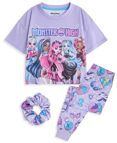 Monster High Girls 3 Piece Pyjama Set | Kids Purple All Over Print Long Leg Bottoms & Night Top with Scrunchie Bobble | Childrens Short Sleeve PJs with Character Graphic Print | Cartoon Series Gift