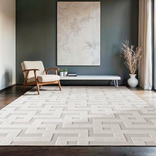 SIMPEX Indoor Outdoor Teppich Wetterfest 280x370 cm, 3D Optik, Labyrinth-Boho Design, Waschbar, Wetterbeständig, Natur Creme Farbe, für Wohnzimmer, Terrasse