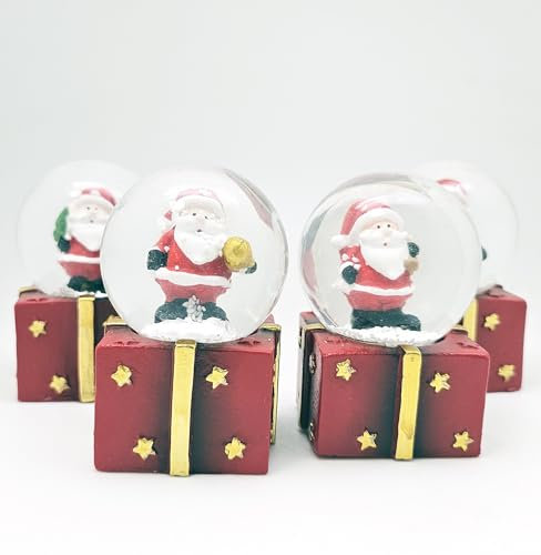 4 süße Mini-Schneekugeln Weihnachtsmann auf Geschenkpaket | Durchmesser 45mm | 0905908abcd