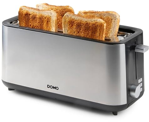 DOMO DO967T Grille-pain à fente longue – Pour 4 toasts – Avec grille réchauffe-viennoiseries intégré – Acier inoxydable – 1350 W