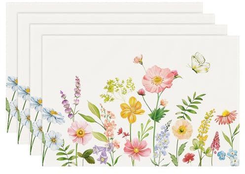 Bonhause Frühling Blumen Tischsets 4er Set, Grüne Blätter Pflanzen Schmetterling Platzsets Waschbar Platzdeckchen für Küche Tisch Dekoration Drinnen Urlaub Party Dekor 30x45cm