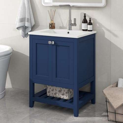 SHUGUANG Meuble Salle de Bain avec Vasque en Céramique, Meuble sous Lavabo, Meuble Vasque avec 2 Portes et étagère Ouverte, Beaucoup d'espace de Rangement, Gris Clair/Blanc/Bleu, 61x46x90 cm
