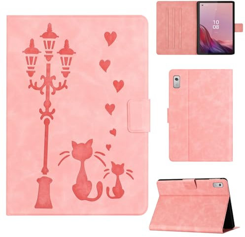 Rosbtib Coque pour Lenovo Tab M9 2023 9 Pouces Modèle TB310FU Housse en Similicuir avec Support, Un Couple de Chats Amoureux sous Le lampadaire Imprime, pour Lenovo Tab M9, Rose