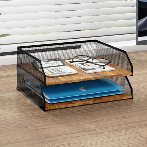 PUNCIA 2 Tiers Stackable Paper Tray for Desk Organiser, Metal Mesh Filing Rack with Wooden Board Letter Holder Post Sorter Document Shelf Stationery Stand for Home Office Study Classroom Retro