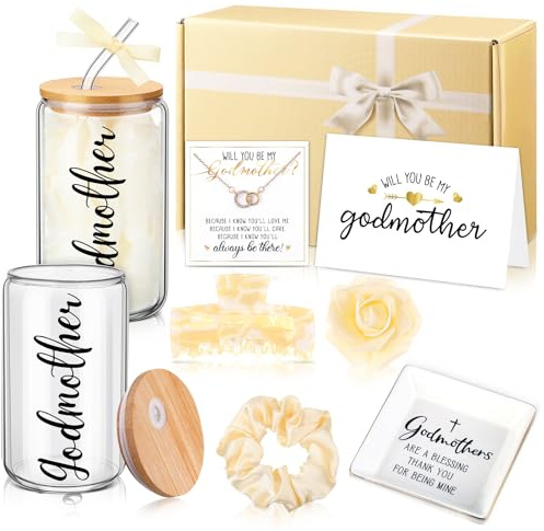 Honeydak 8 Pcs Godmother Proposal Gift Set Will You Be My Godmother from Godchild 12oz Glass Cup Necklace Trinket Ring Dish Gift Box for Mother's Day Birthday Baptism Christmas (Champagne Gold)