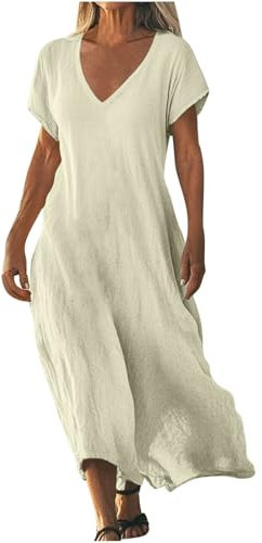 Leinenkleid Damen Sommerkleid Elegant Lang Freizeitkleider Strandkleid V-Ausschnitt a Linie Boho Kleid Lässig Urlaubskleid Baumwolle und Leinen Hawaiikleidung Maxikleid Dress(#D Beige,XL)