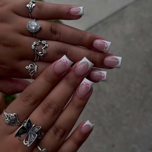 Press on Nails French Tip - Short Sqaure False Nails - Full Cover French Nails with Bowknot - Reusable Soft Gel Fake nails With Glue and Adhesive Nail Tabs, Stick on nails for Women